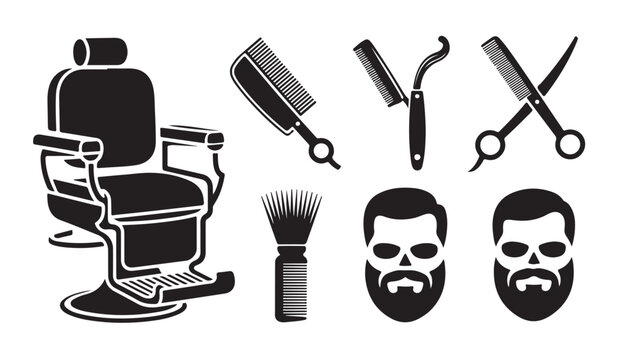 Barbershop equipment set featuring vintage chair razor comb shears and bearded male faces.