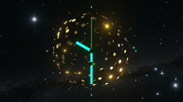 10 seconds 3d generated seamless golden clock with swing  on dark stars animation screensaver black background visualizer hd video