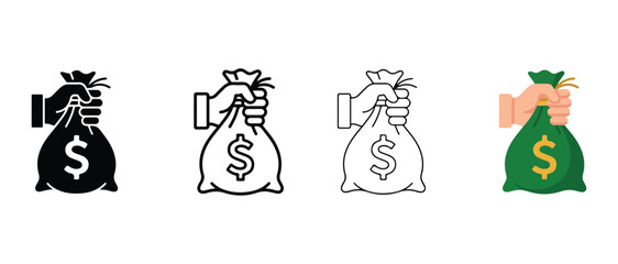 Obraz premium money bag icons with dollar sign being held by hand in various line art styles isolated on white background financial and business concepts