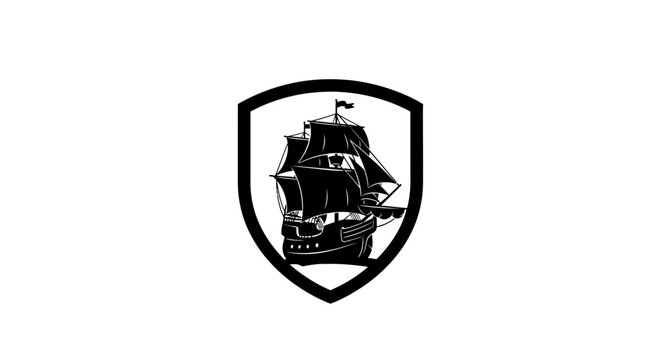 Black sailing ship emblem on white background with within shield shape illustration sailing transport nautical travel vessel icon logo with sea