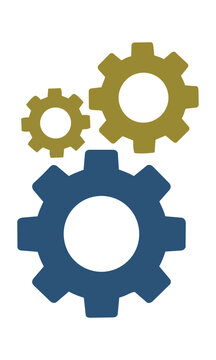 Minimalist settings icon with three interlocking cogwheels in a balanced geometric composition on a white background, industrial technology concept
