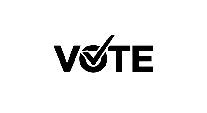 Vote now symbol with checkmark with bold black vote logo checkmark integrated o participation background democracy elections politics voting