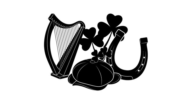 Irish themed symbols with harp clover horseshoe with black white illustration including harp four four leaf traditional culture ireland with luck