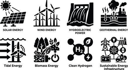 Fototapeta premium Renewable Energy Sources Silhouette Icons Set with Sustainable Power Technologies