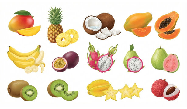 Fresh tropical fruit collection vector illustration isolated on white background