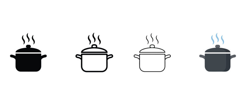 saucepan icons with lids and steam coming out  cooking symbols