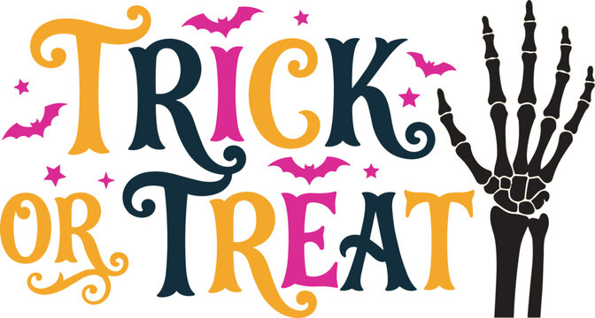 Halloween trick or treat typography with skeleton hand and bats festive holiday design