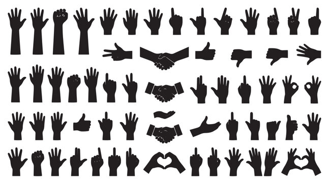 Extensive vector silhouette collection of human hands displaying a multitude of common gestures, expressions, and non-verbal communication signs such as approval, peace, disagreement, and love