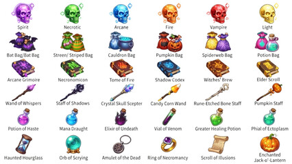 Obraz premium Colorful Halloween Magic Items Fantasy RPG Asset Sheet Vector