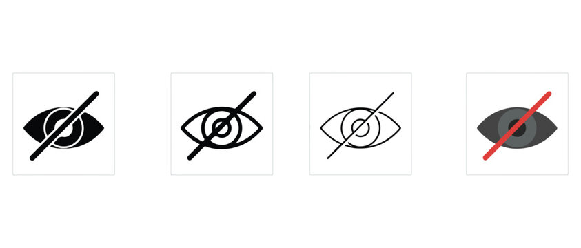 square icons of eyes with a slash through them in black and red on white background  eye icons with line through them