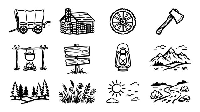 Hand drawn wild west and pioneer life vector icons set with log cabin wagon campfire axe and mountain landscape