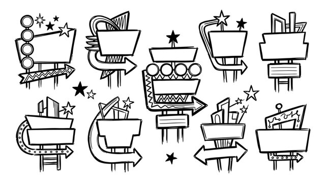 Retro roadside sign vector illustrations with blank billboards and arrows in hand drawn sketch style