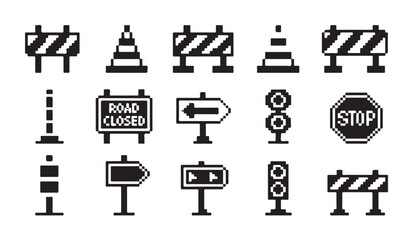 Fototapeta premium Pixel art construction site road signs and barrier icons for retro video game design set.