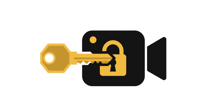 Video Camera Icon with Key and Unlocked Padlock Representing Media Security, Digital Content Access, Privacy Protection, and Streaming Video Encryption Concept
