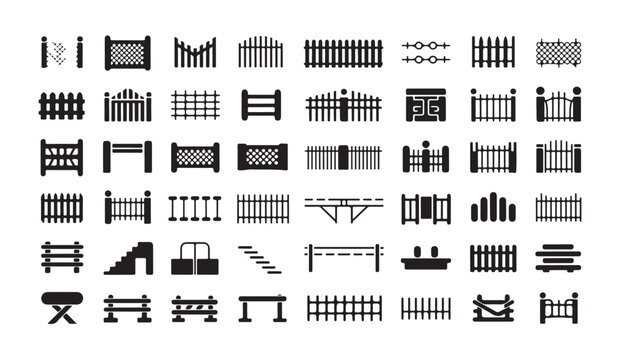 Various types of fences gates and urban metal barriers flat design vector icon set here.