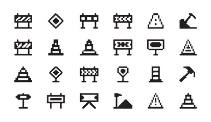 Fototapeta premium Small pixel art construction icons including barriers hammers and safety cones collection.