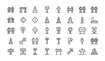 Set of construction road signs and elements line style icons collection. © RANA