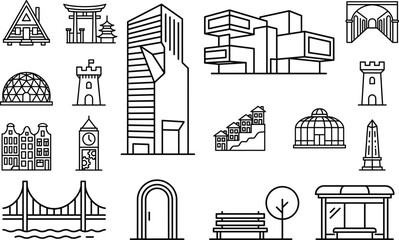 Architecture and city landmarks icon set with skyscraper bridge tower house dome and urban infrastructure outline vector © AKTAR