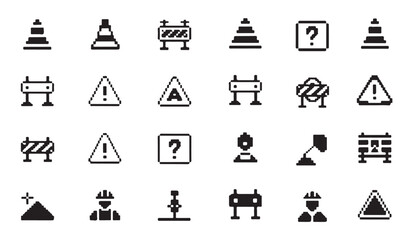 Fototapeta premium Set of pixel art style construction signs and elements for game or web design.