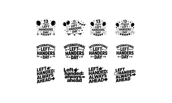 International left handers day typography and badge collection with decorative handed