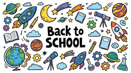 Fototapeta premium School themed doodle background illustration with planets rockets notebooks pencils and telescopes isolated on white background with lettering text back to school for educational project.
