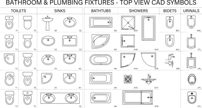 Bathroom & Plumbing Fixtures - Top View CAD Symbols, a comprehensive vector collection of toilets, sinks, bathtubs, showers, bidets, and urinals for architectural design and layout plans