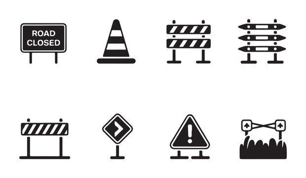 Black silhouette road construction icons showing street barricades and traffic safety cones.