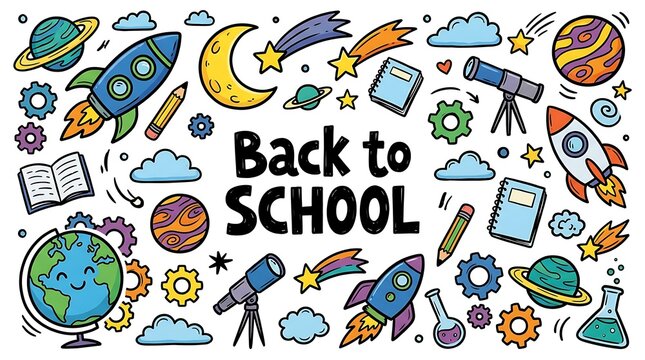 School themed doodle background illustration with planets rockets notebooks pencils and telescopes isolated on white background with lettering text back to school for educational project.