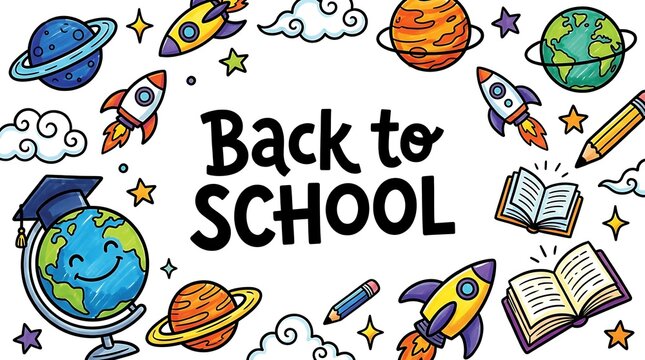 Back to school lettering design with hand drawn doodle style space elements rockets planets books pencils and graduation globe isolated on white backdrop for academic flyer layout.