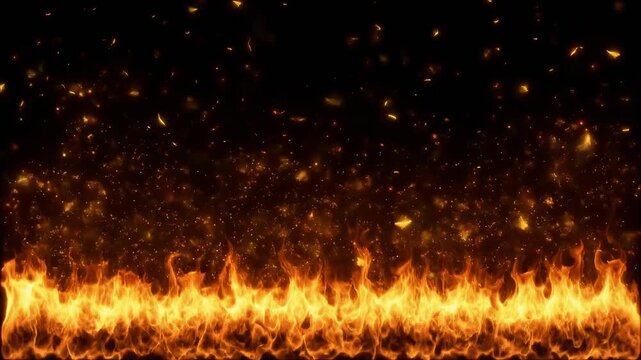 Dynamic fiery embers rise with a burning inferno across a dark background during a blazing celebration