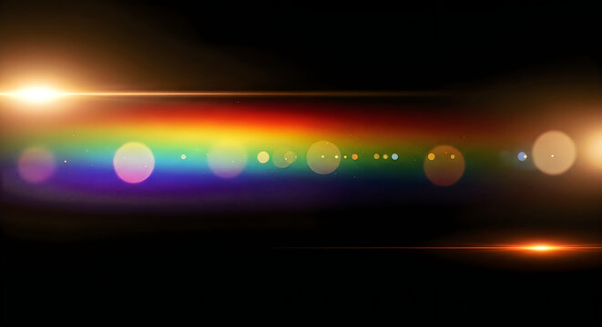 Vibrant lens flare spectrum with bokeh lights on black background ideal for digital art and modern graphic design projects
