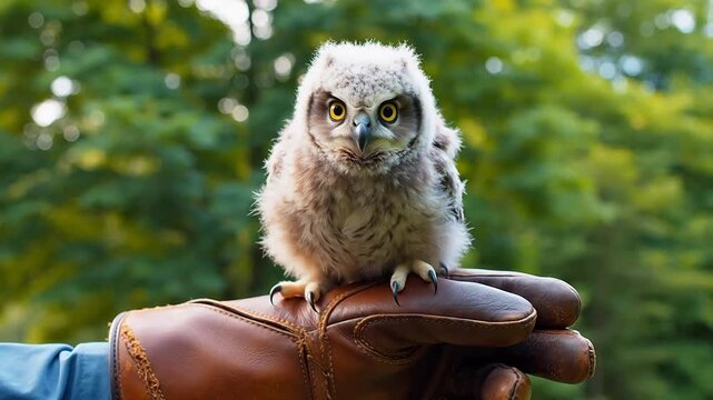 Baby Eagle Owl's First Flight to Gloved Hand