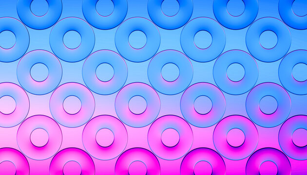3D neon donut grid pattern blends cyan, pink, and violet.