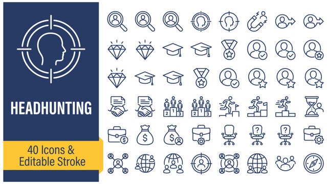 Headhunting web icons in line style. Recruitment, career, resume, work group, candidate, job hiring, collection. Editable stroke. Vector illustration.
