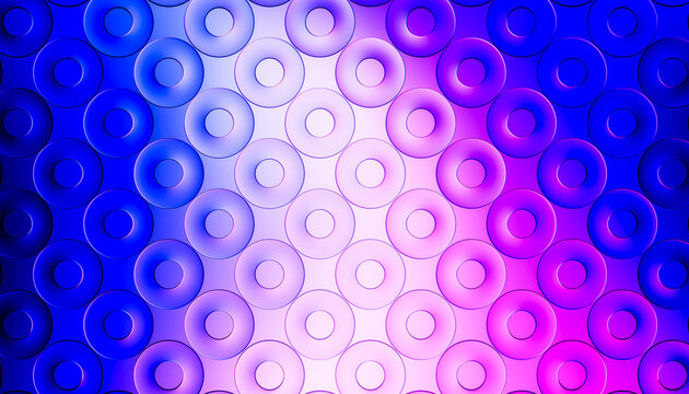 3D glass donut grid pattern glows in blue, pink, and violet.