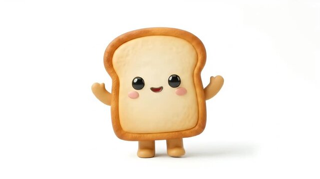 Cute cartoon slice of bread character with a happy smiling face on white background