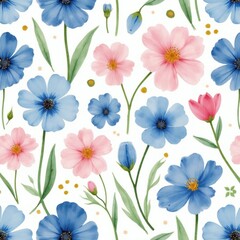 Obraz premium Watercolor floral pattern with blue and pink cosmos flowers and green leaves. Delicate blossoms and buds repeat across white background. Gentle botanical art.