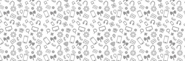 Naklejka premium Set of social media doodle on white background. Social media design elements. Internet, link, mobile laptop, head phone doodles. Vector illustration.