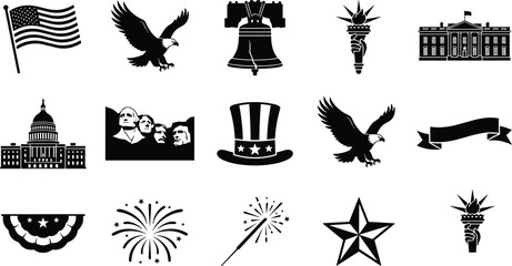Fototapeta premium American Patriotic Black Silhouette Icon Set Featuring USA Flag Bald Eagle Statue of Liberty Liberty Bell and White House Symbols
