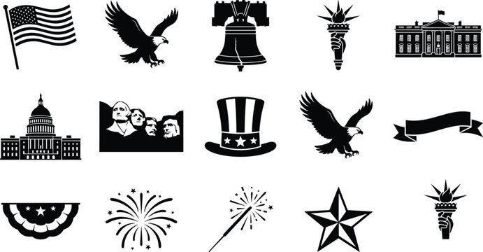 American Patriotic Black Silhouette Icon Set Featuring USA Flag Bald Eagle Statue of Liberty Liberty Bell and White House Symbols