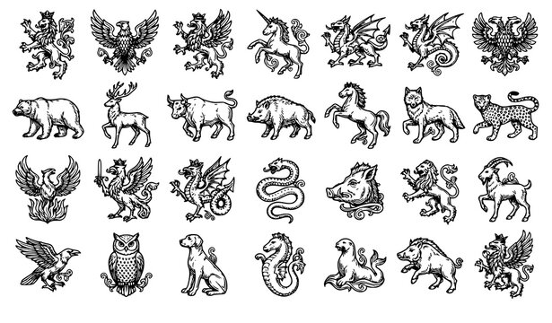 Medieval Heraldic Animals and Mythical Creatures Vintage Engraving Vector Collection