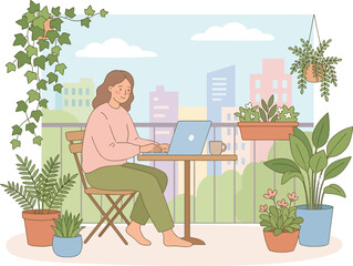 Fototapeta premium Modern Workspace with Plants and Cozy Nature-Inspired Flat Vector Illustration