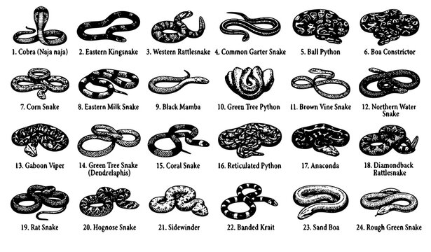 Hand Drawn Pen and Ink Snake Engraving Vector Illustration Set