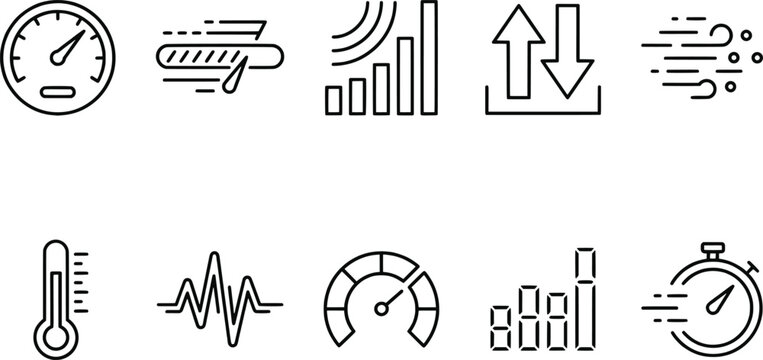 Performance measurement icons, speedometer gauge, progress bar, data transfer arrows, heartbeat signal, thermometer, stopwatch motion, analytics dashboard illustration