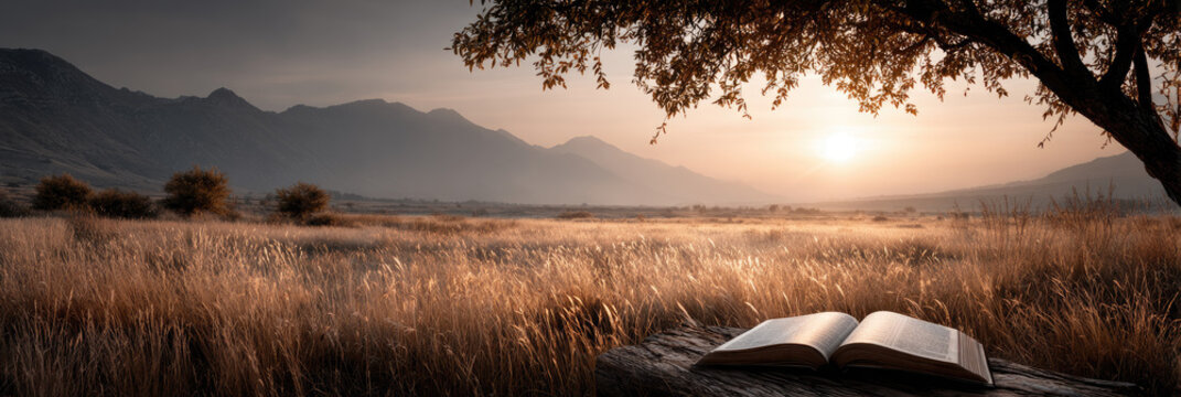 Open book resting on wood in a golden hour landscape with towering mountains and sunlit fields, representing spirituality, wisdom, learning, and peaceful reflection in nature