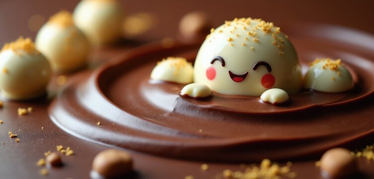 Cute character dessert with happy face swims in melted chocolate. Small white chocolate balls sprinkled with crumbs surround the main figure. Rich ganache swirls create a decadent sweet scene.