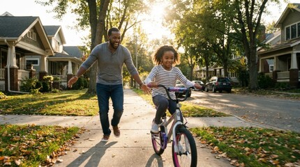 Fototapeta premium Father Teaching Daughter to Ride Bicycle, Outdoor Family Time