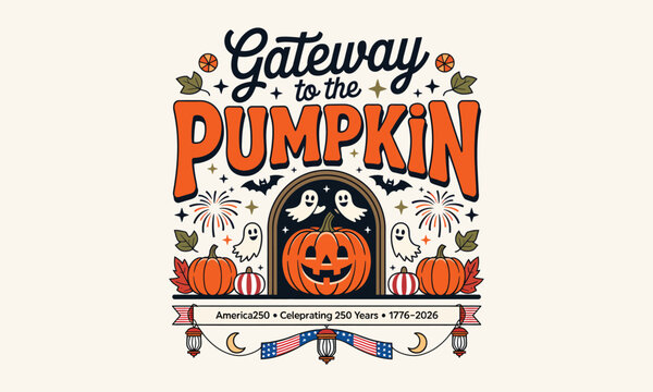Hand-drawn Halloween pumpkin patch sign with jack-o-lantern and autumn decorations in whimsical style