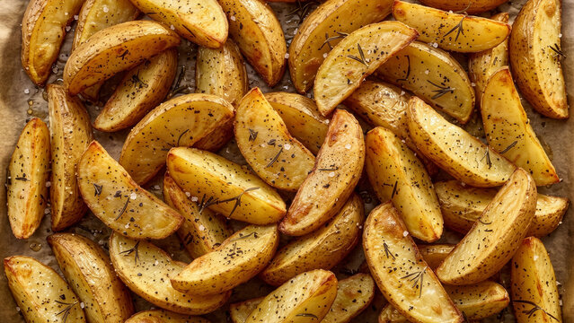 A pile of golden-brown roasted potato wedges