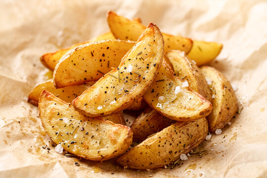 A pile of golden-brown roasted potato wedges